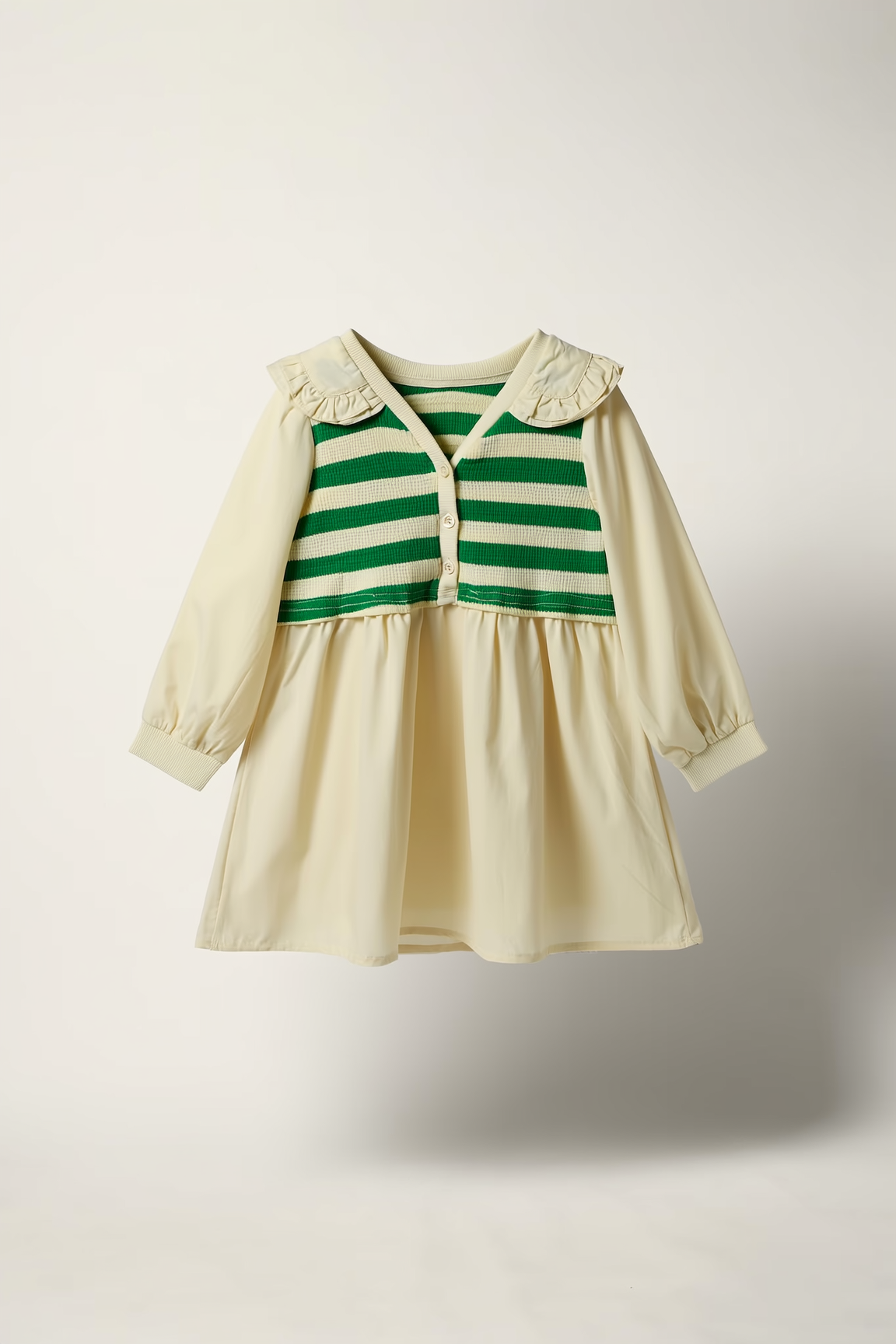 Girls' Cream & Green Striped Knit Bodice Tiered Dress