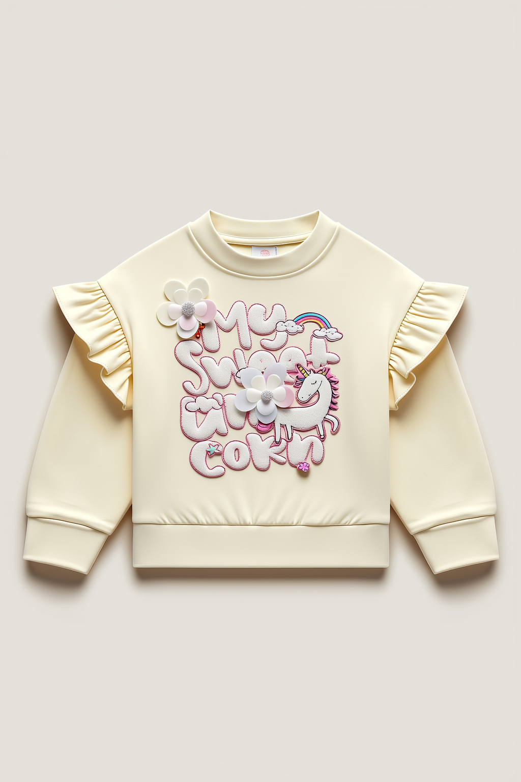 Girls' Cream Unicorn Graphic Ruffle Top