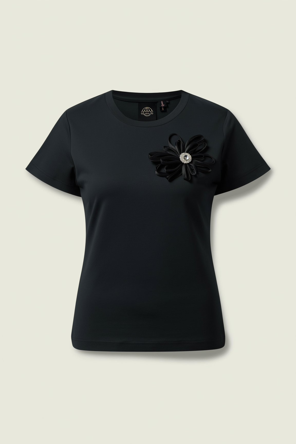 Black T-Shirt with Rhinestone Flower Detail