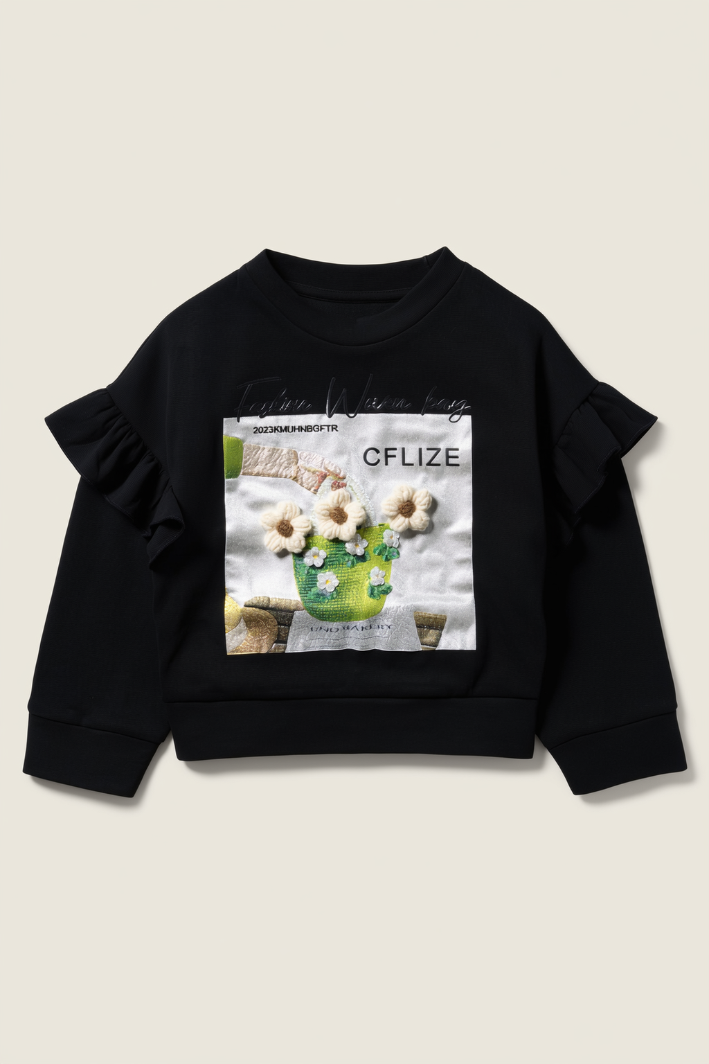 Kids' Chic Black Sweatshirt with 3D Flowers