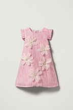 Girls Pink Crinkle Dress with 3D Flowers