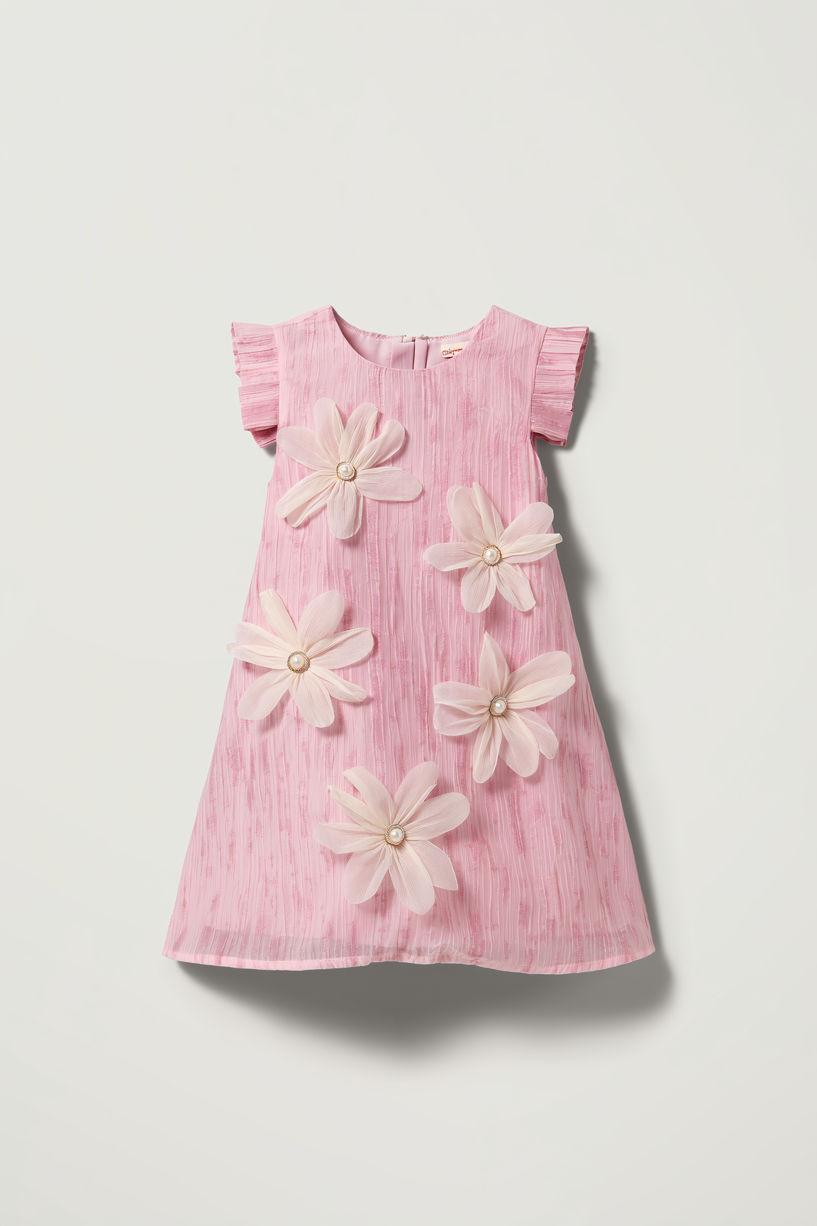 Girls Pink Crinkle Dress with 3D Flowers