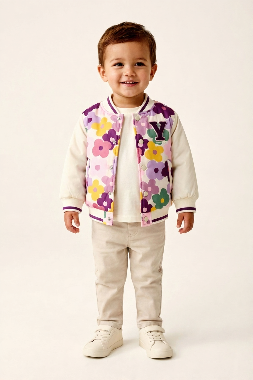 Yamp Boys Floral Appliqué Varsity Jacket