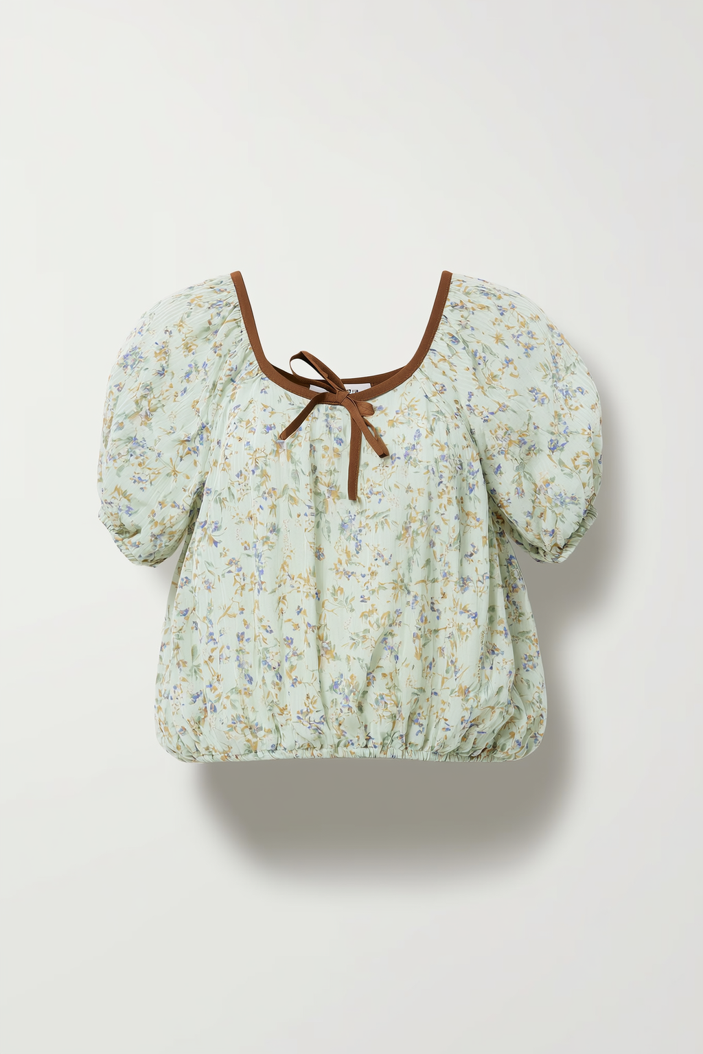 Light Green Floral Print Blouse with Brown Tie