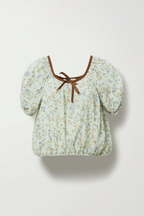 Light Green Floral Print Blouse with Brown Tie