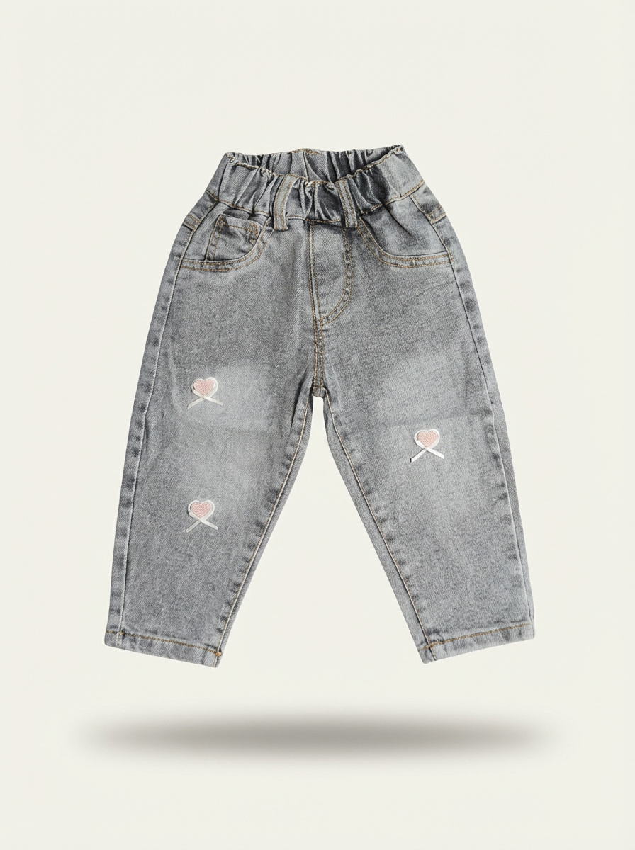 Girls grey wide-leg jeans with heart patch