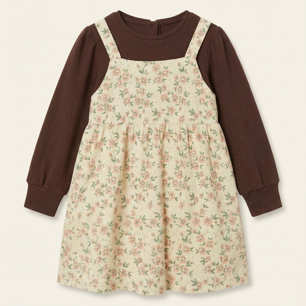 Beige floral print corduroy pinafore dress