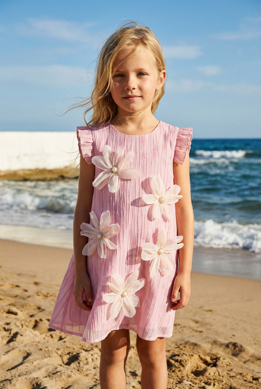 Girls Pink Crinkle Dress with 3D Flowers