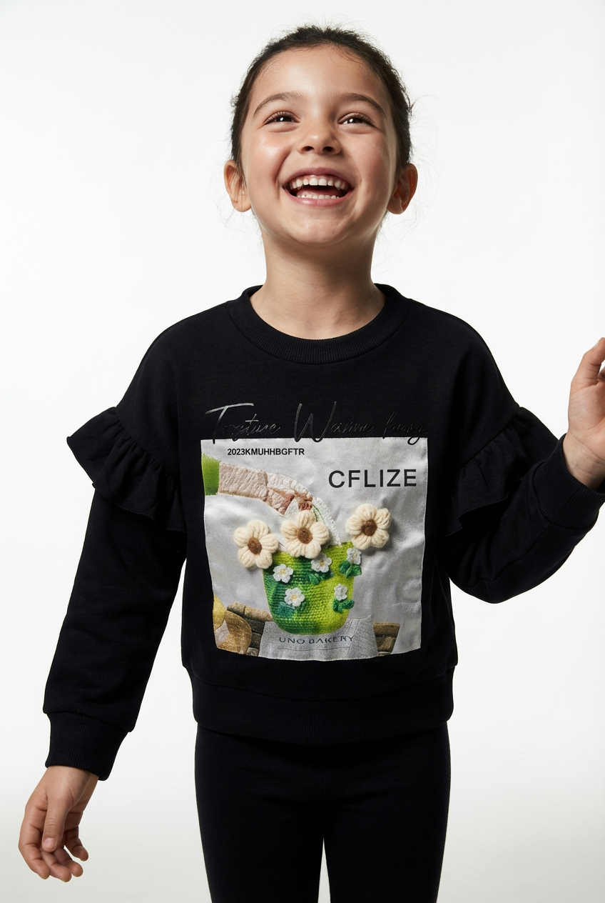Kids' Chic Black Sweatshirt with 3D Flowers