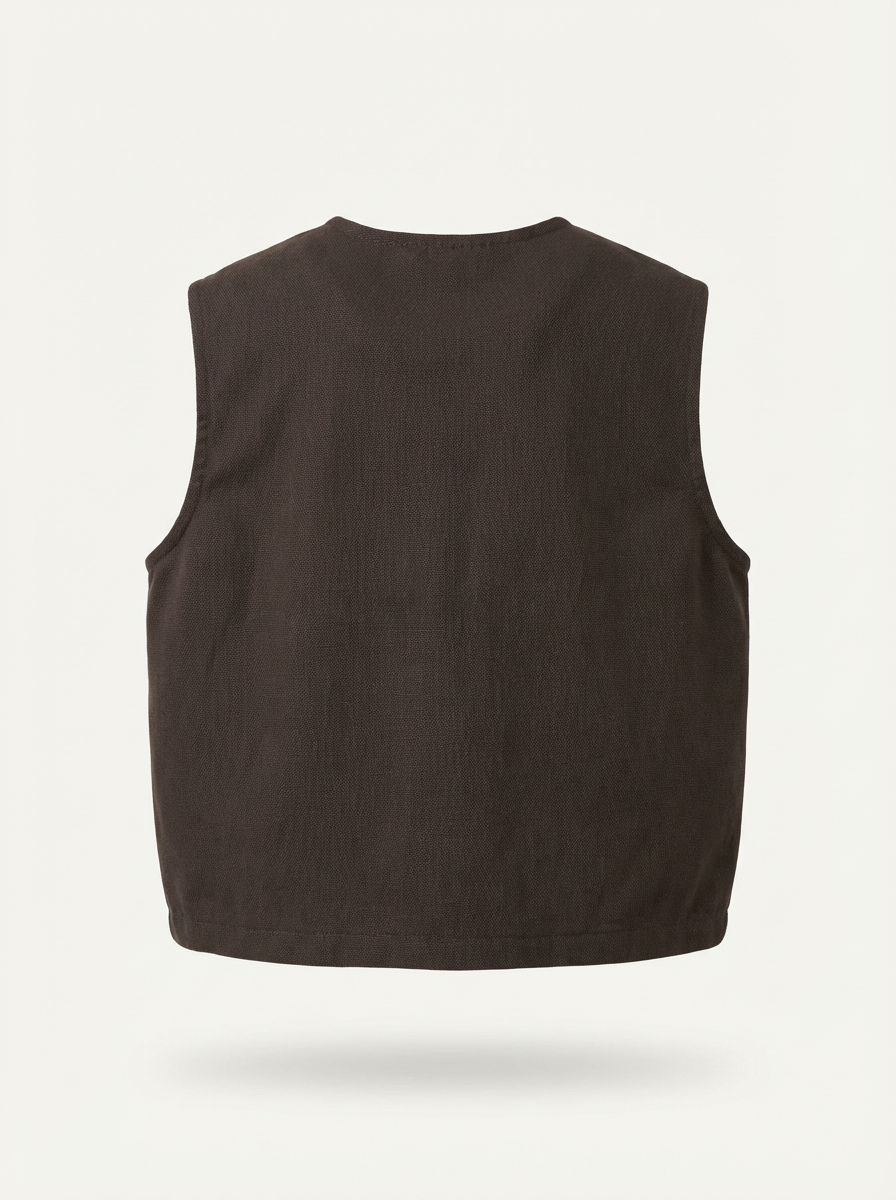 Dark brown collarless utility vest