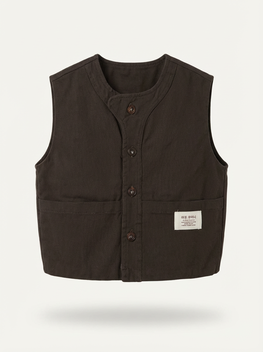 Dark brown collarless utility vest