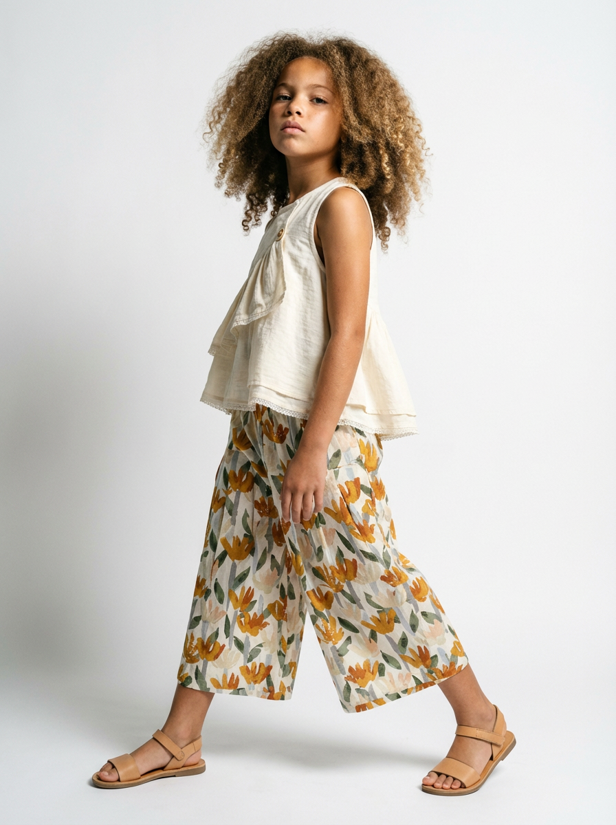 Girls' Cream Tiered Top with Floral Print Wide-Leg Pants