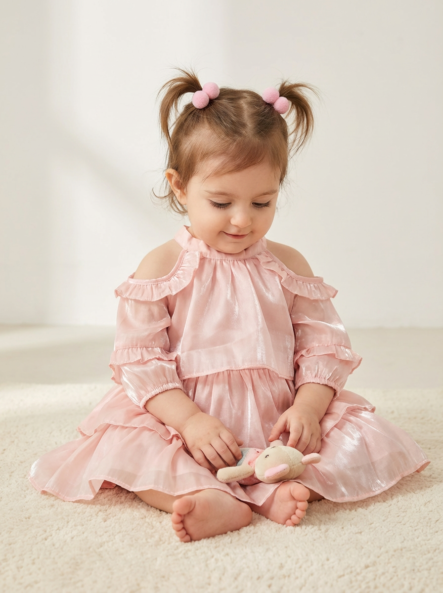 Muhuratam Girls Cold-Shoulder Ruffled Net Fit & Flare Dress