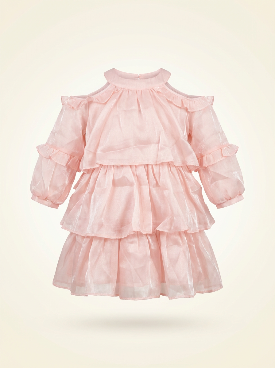 Muhuratam Girls Cold-Shoulder Ruffled Net Fit & Flare Dress