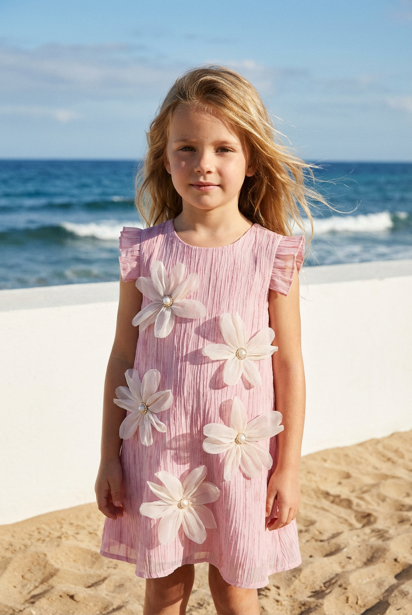Girls Pink Crinkle Dress with 3D Flowers