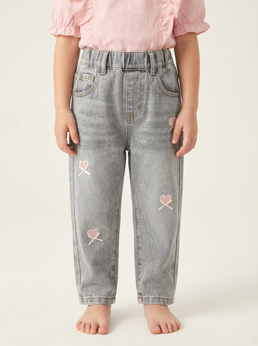 Girls grey wide-leg jeans with heart patch