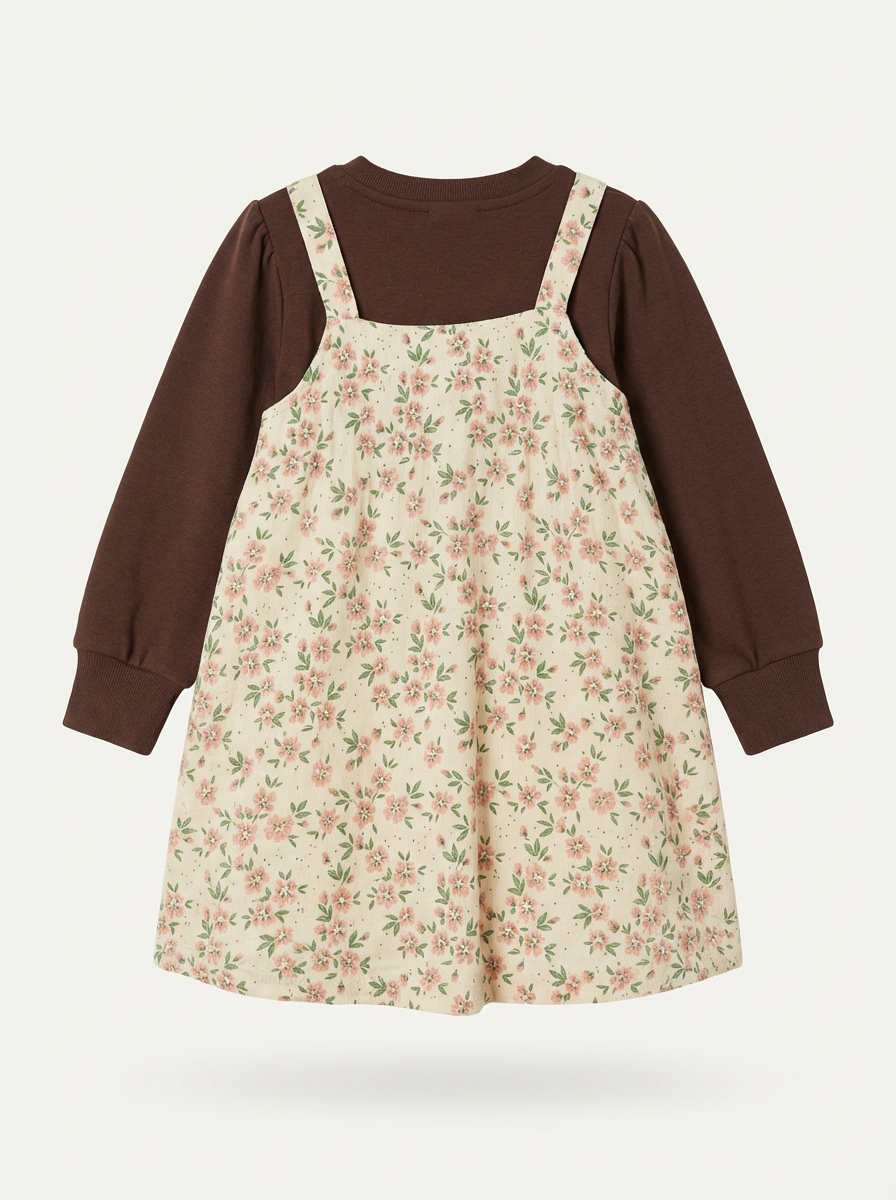 Beige floral print corduroy pinafore dress