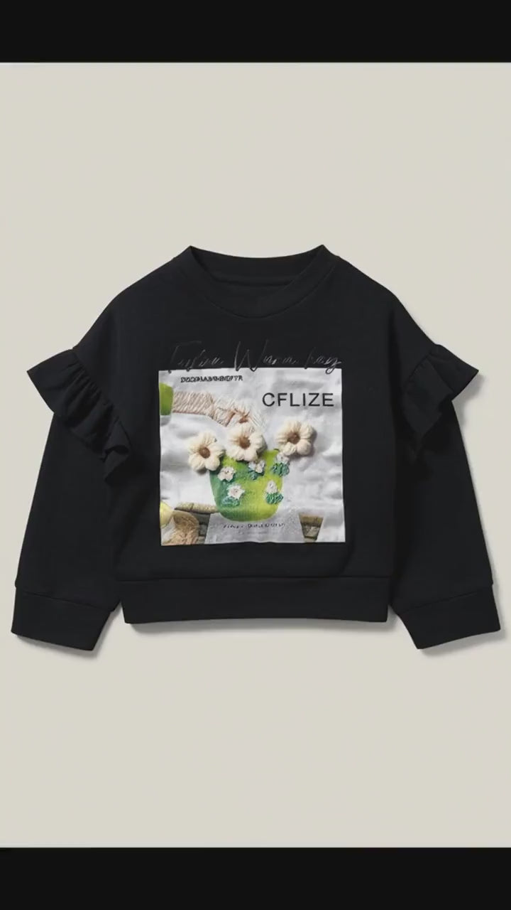 Kids' Chic Black Sweatshirt with 3D Flowers